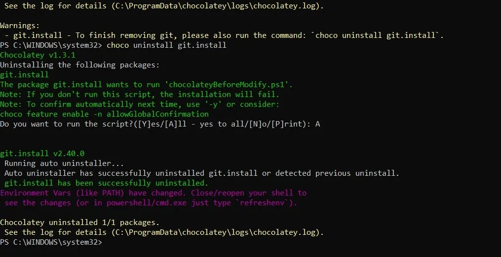Programma disinstallato utilizzando Chocolatey nella finestra di PowerShell.