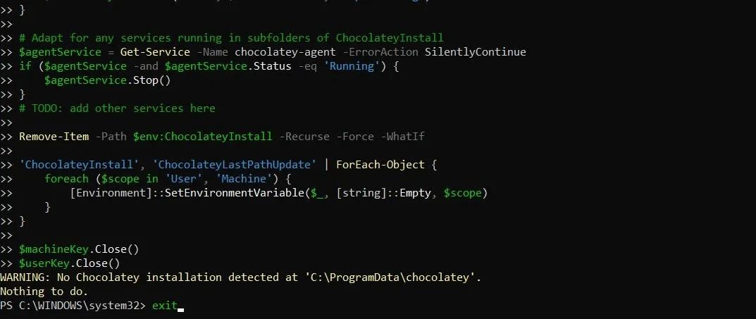PowerShell ウィンドウに Chocolatey インストールが検出されないというメッセージが表示される。