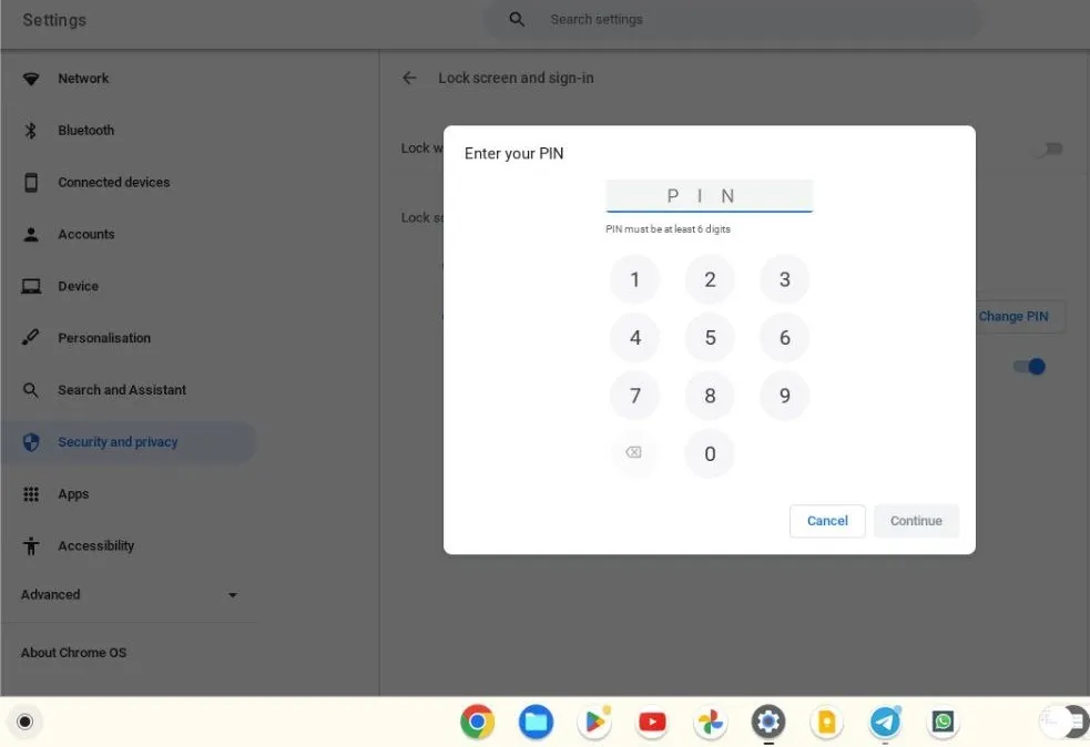Chromebook のロック画面の PIN の変更