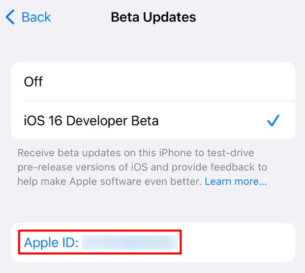 Apple ID をクリックしてベータ プログラムに変更します