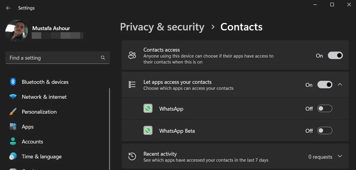 Opções de privacidade de contatos nas configurações do Windows.