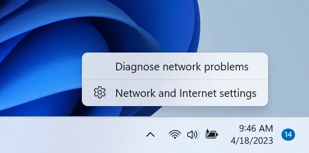 Opção para diagnosticar problemas de rede adicionada quando você clica com o botão direito do mouse no ícone de rede na bandeja do sistema.