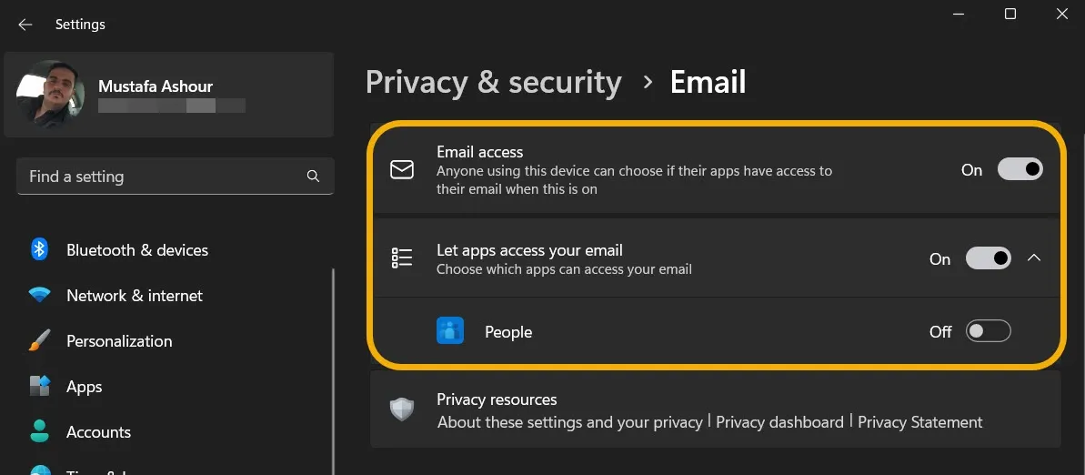 Windows 設定を介して、アプリのプライバシー設定への電子メール アクセスを許可します。