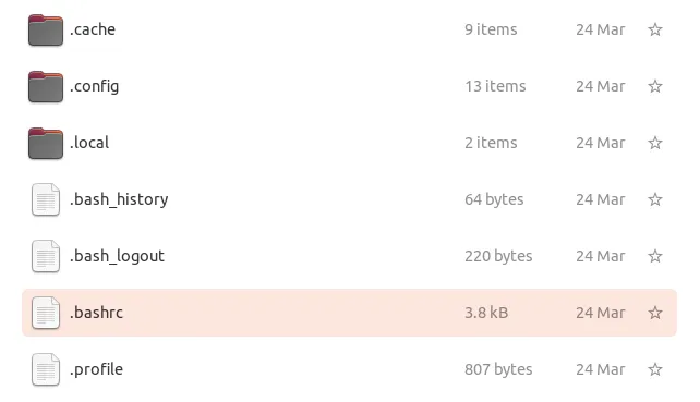 Une capture d'écran du fichier bashrc dans un gestionnaire de fichiers.