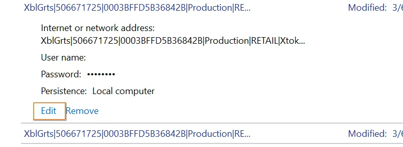 Windows Credential Manager を使用した資格情報の編集。