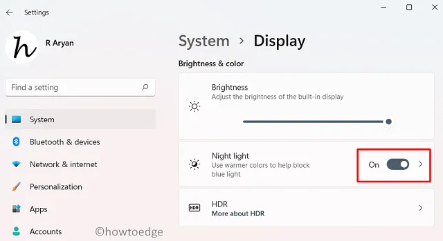 habilitar luz noturna no Windows 11