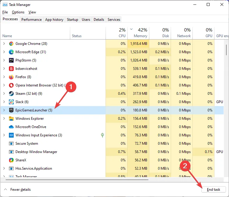Epicgameslauncher-Prozess beenden Windows Task-Manager