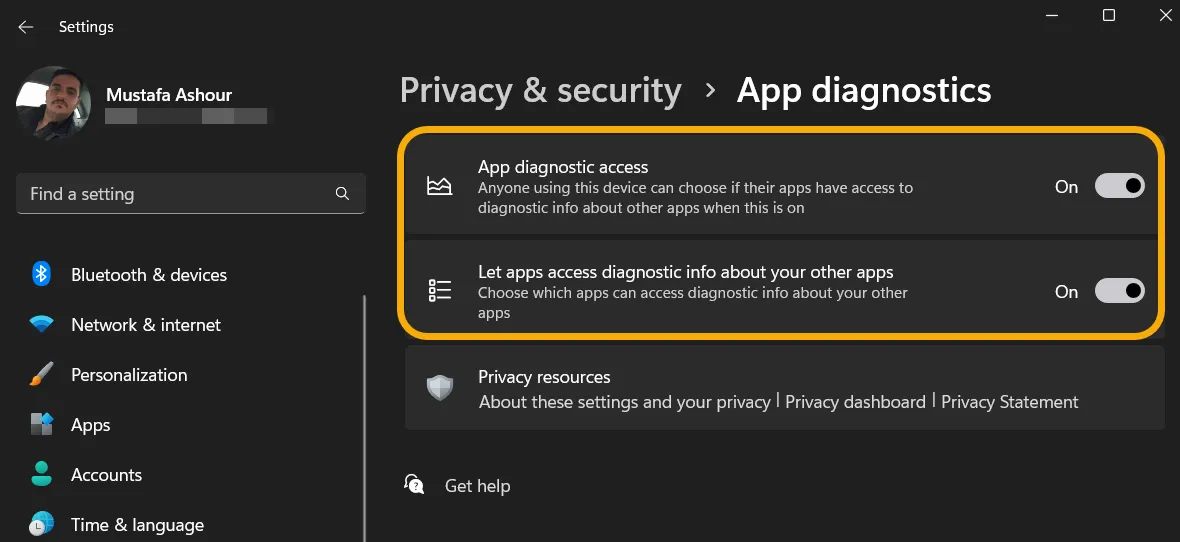 Windows 設定のアプリ診断プライバシー機能。