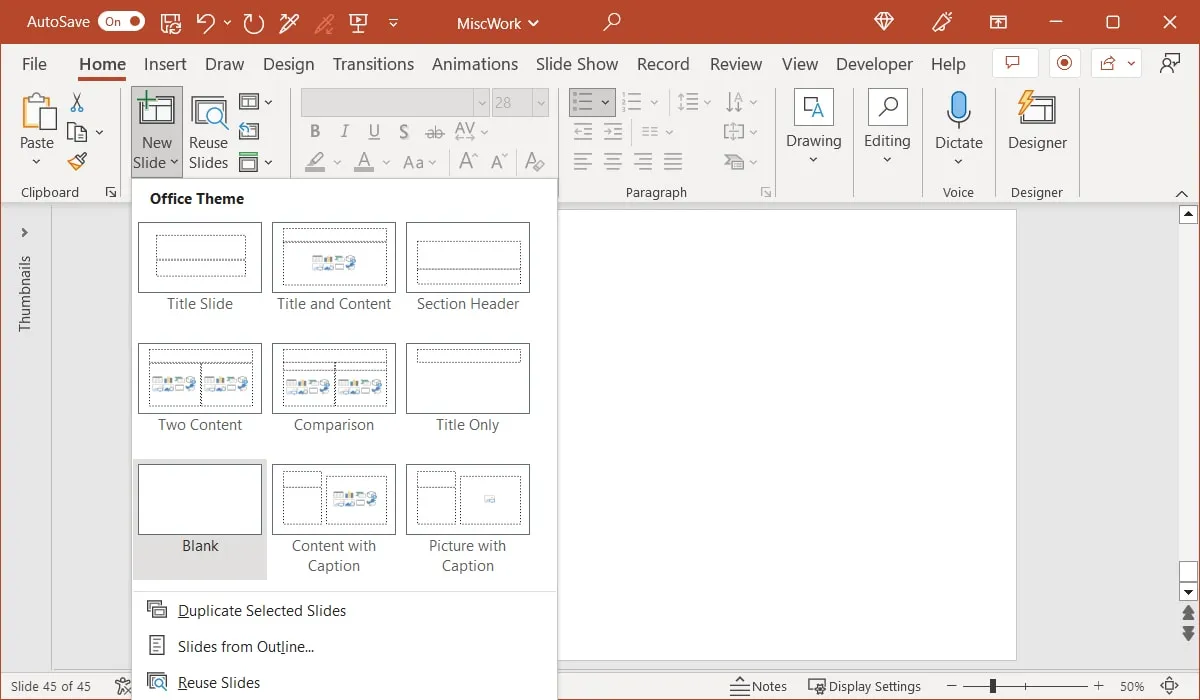 Layout di diapositive vuote in Powerpoint