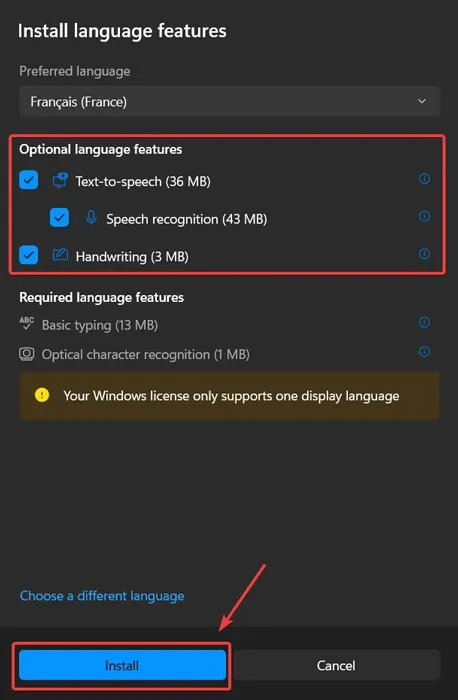 Windows 設定でインストールできるオプションの言語機能。