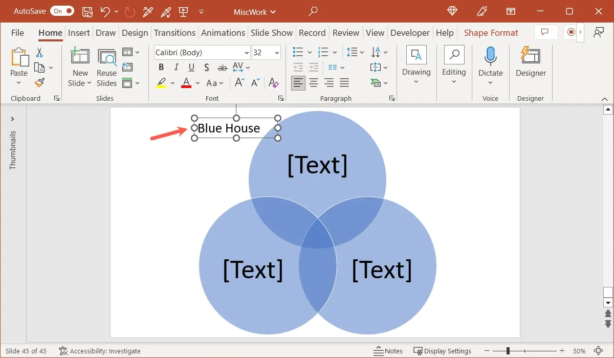 Testo aggiunto e casella di testo spostata in PowerPoint