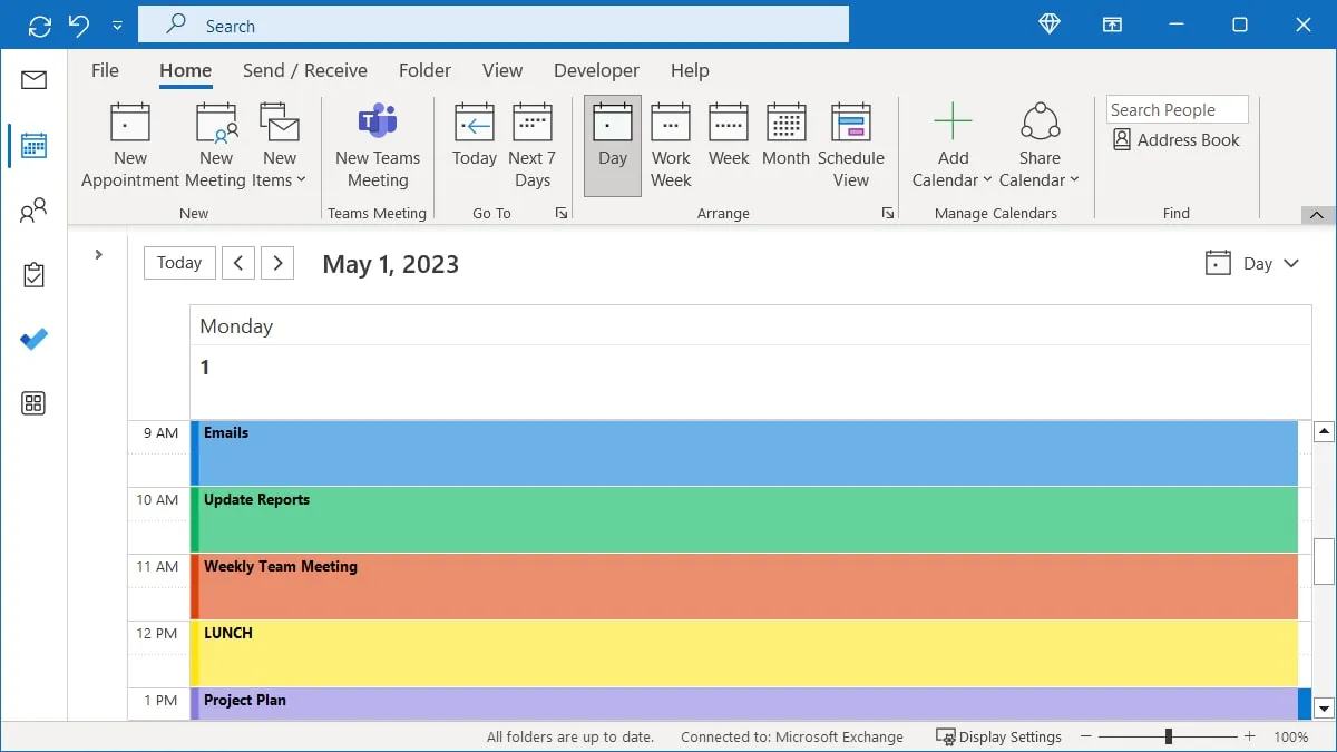 Eventos categorizados en la vista Día del calendario de Outlook