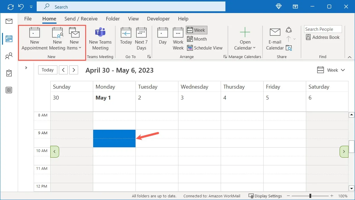Optionen zum Erstellen eines neuen Ereignisses im Outlook-Kalender