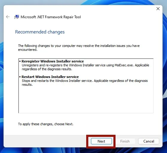 Exibição de alterações recomendadas na ferramenta de reparo do .NET Framework.