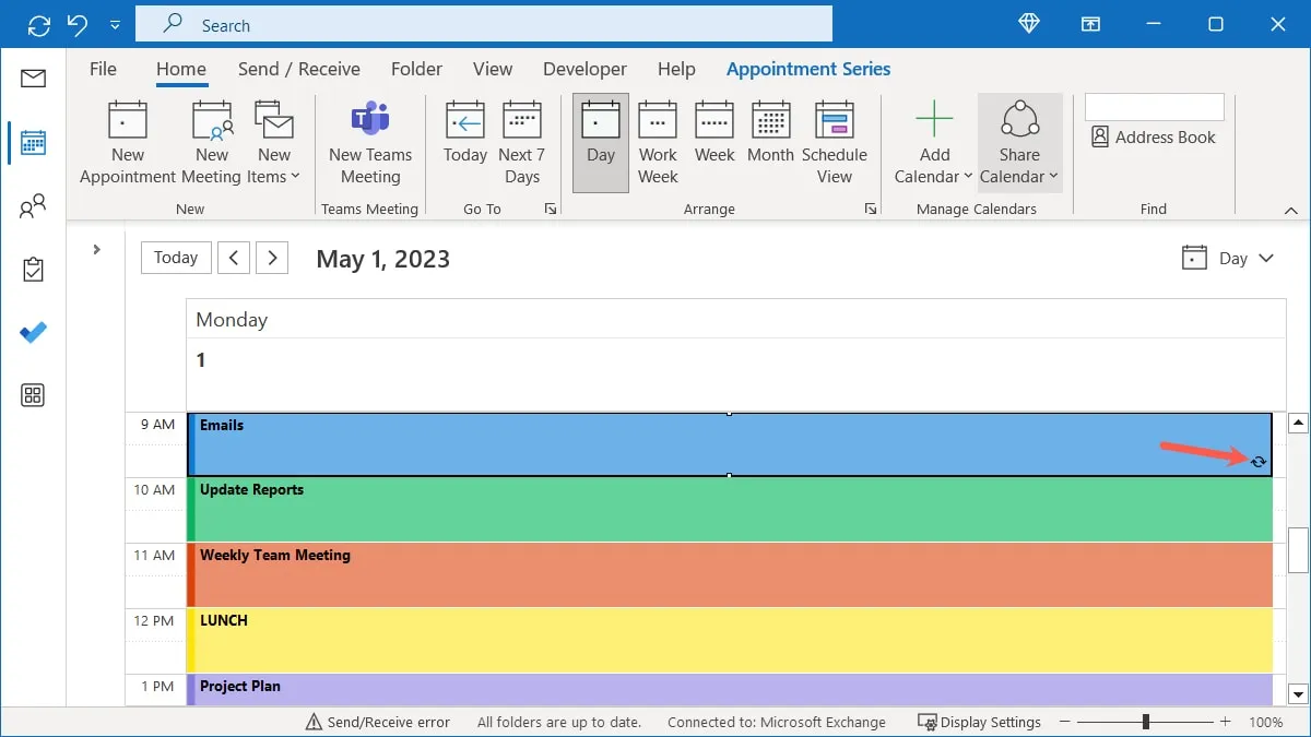 Ícone de recorrência para um evento no calendário do Outlook