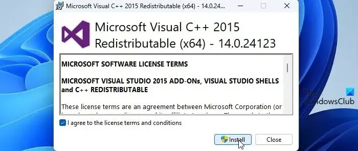 Microsoft Visual C++ 2015 ランタイムのインストール