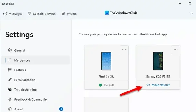 Cómo configurar o cambiar el dispositivo predeterminado en Phone Link en Windows 11/10