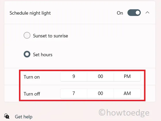 時間を設定する オンとオフを切り替える - Windows 11 でナイトライトを有効にする