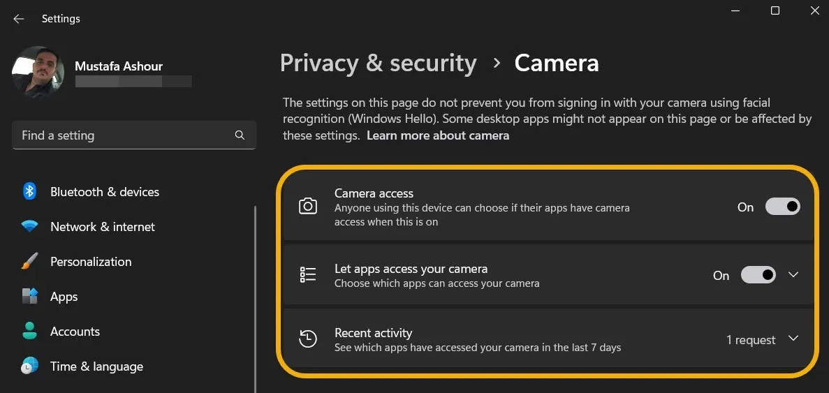 Windows の [設定] の [カメラ] で利用できるプライバシー設定。
