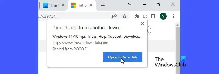 Notification de lien partagé dans Chrome pour PC
