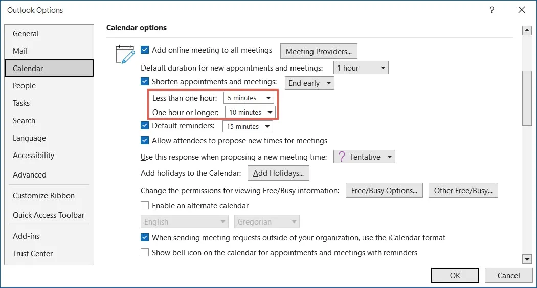 Raccourcir les options de minutage des événements dans Outlook