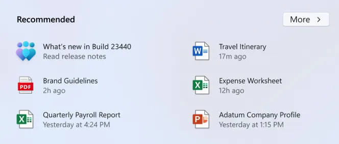 Aanbeveling in het menu Start voor de vluchtblogpost voor Build 23440.