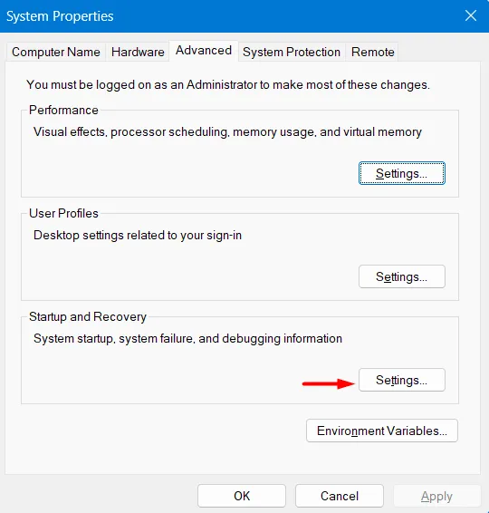 Paramètres de démarrage et de récupération dans Windows 11