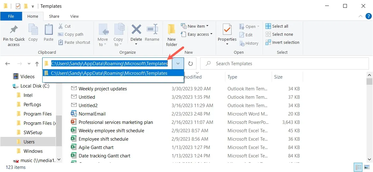 Windows 上の Outlook テンプレートのファイル パス