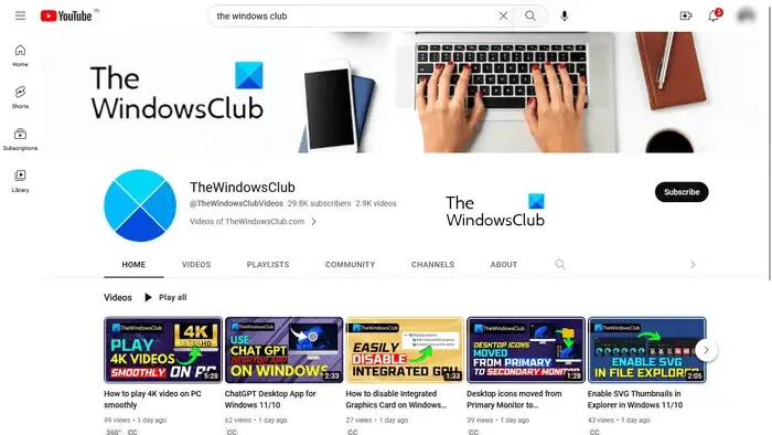 O canal do YouTube do Windows Club