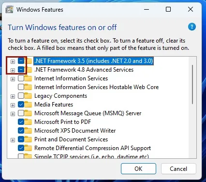 Windows-Features .NET Framework-Optionen sichtbar.