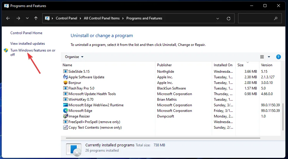 Windows 기능 켜기 또는 끄기 Windows 11 업데이트 오류 0x800f0922