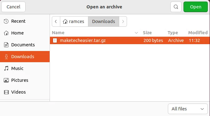 Une capture d'écran montrant la boîte de dialogue de sélection de fichiers pour Xarchiver.