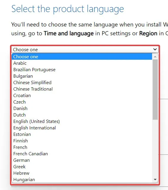 Auswählen der Sprache, in der Windows 11 ausgeführt werden soll.