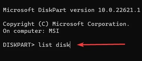 USB-installatieprogramma Typ List Disk en druk op Enter