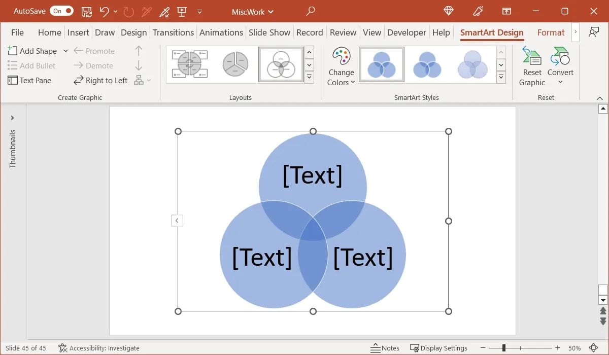 Diagrama de Venn insertado en PowerPoint