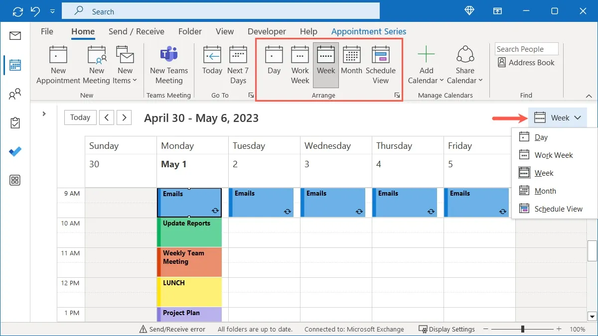 Affiche les options dans le calendrier Outlook