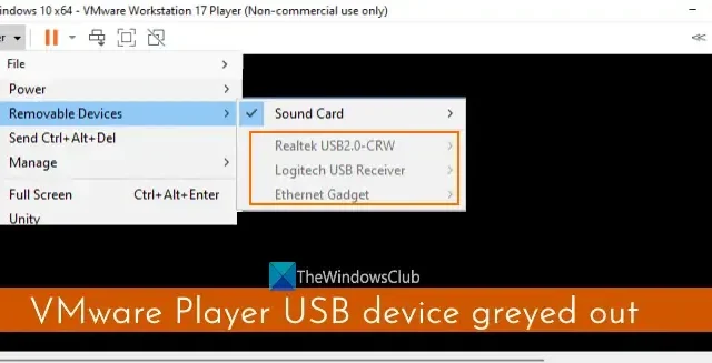 Dispositivo USB do VMware Player acinzentado