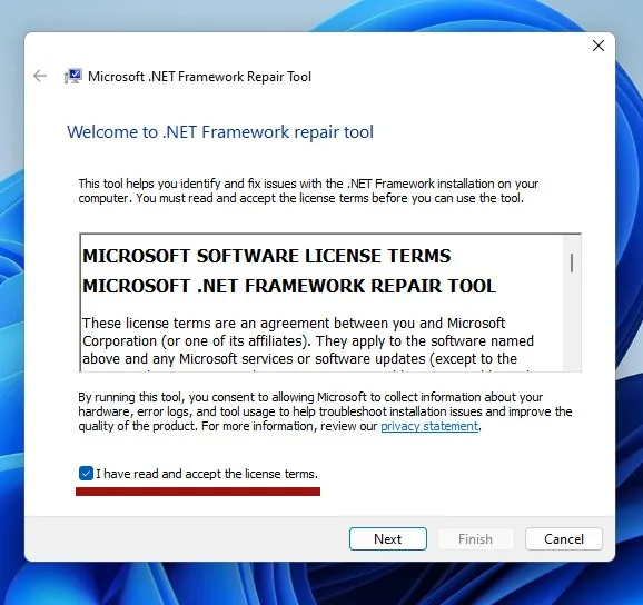 Accordo sui termini di licenza durante l'installazione di .NET Framework Repair Tool.
