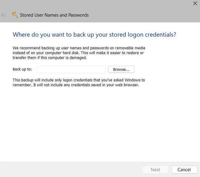 Credential Manager を使用して、保存されているログオン資格情報のバックアップ先を参照しています。