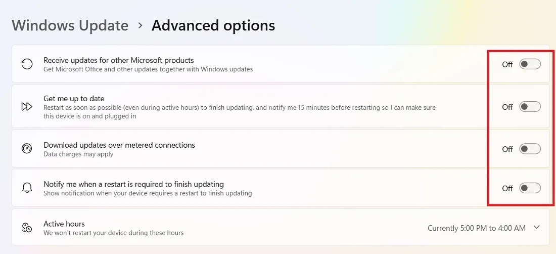Microsoft 製品の更新プログラムの受信を含む、Windows 更新の詳細オプションが無効になっています。