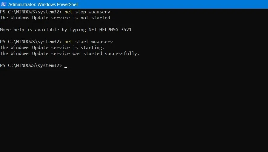 PowerShell での Windows Update サービスの停止と開始。