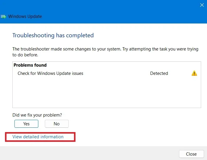 Windows 11 の Windows Update トラブルシューティング ツールで更新の問題が検出されました。 [詳細情報の表示] をクリックします。
