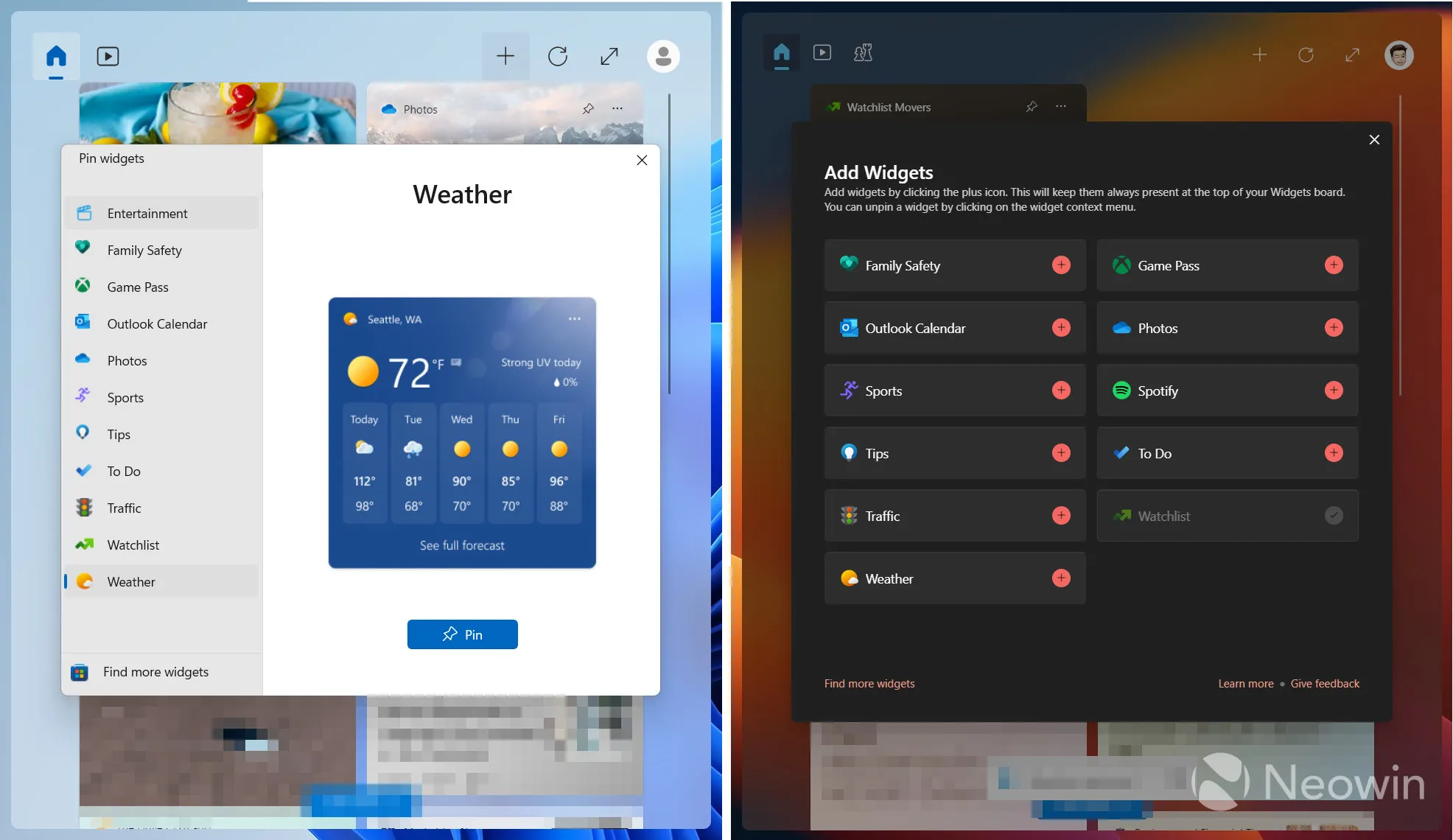 Uno screenshot del nuovo selettore widget di Windows 11 accanto a quello vecchio