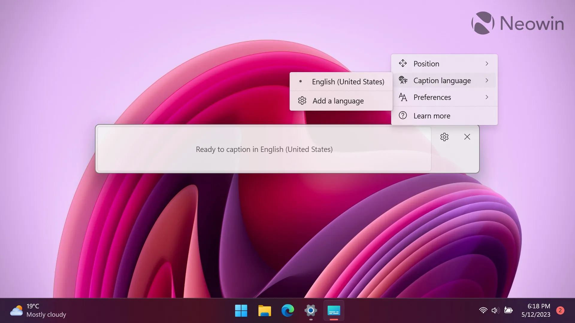 Windows 11 Moment 3 のライブ キャプションのスクリーンショット