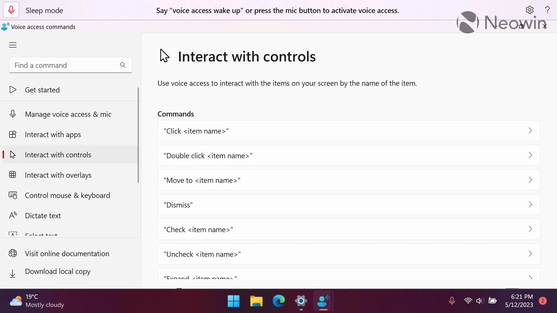 Uno screenshot della pagina della Guida riprogettata per l'accesso vocale di Windows 11
