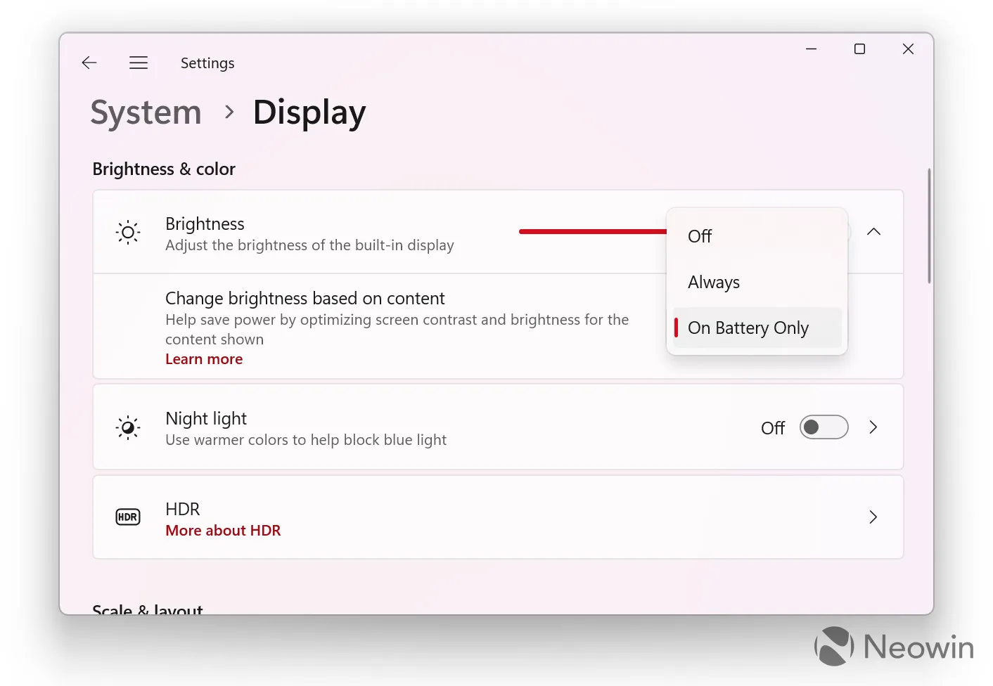 Uno screenshot dell'app Impostazioni di Windows 11 che mostra come personalizzare CABC