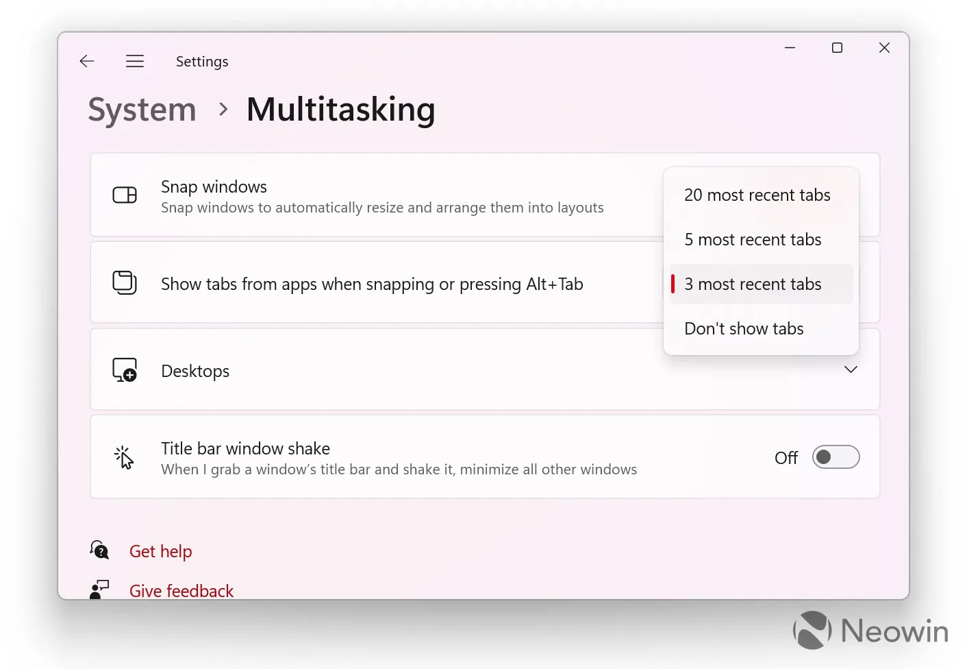 Uno screenshot dell'app Impostazioni di Windows 11 che mostra le opzioni multitasking