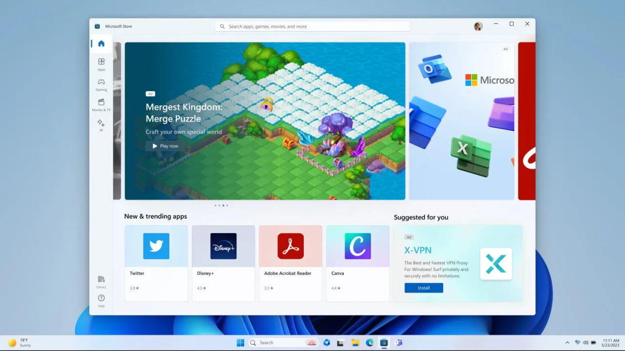 Windows 11 中 Microsoft Store 的屏幕截圖，帶有大型“為您推薦”廣告橫幅