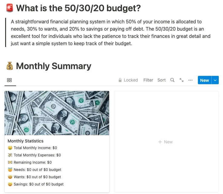 50 30 20 Budget Tracker-Hauptseite