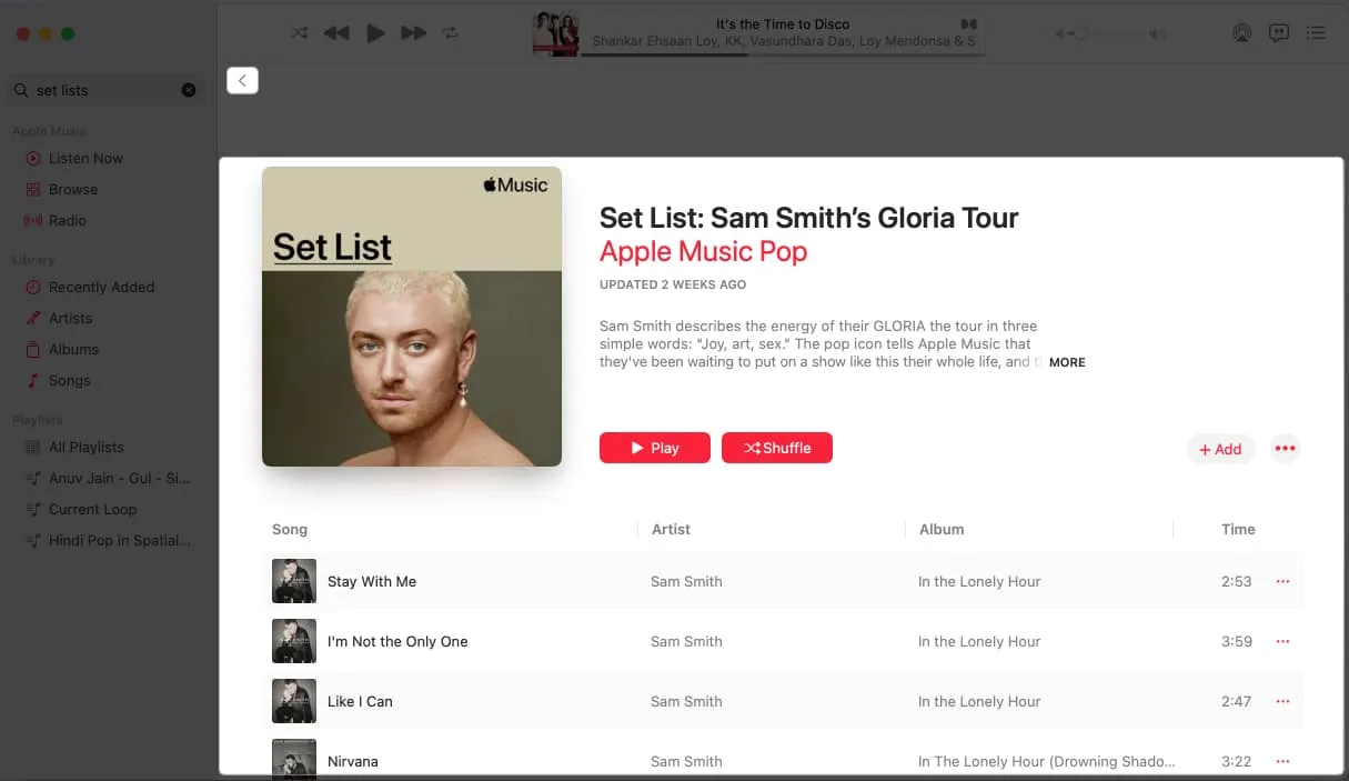 Accedi alla playlist dell'artista in Apple Music su Mac